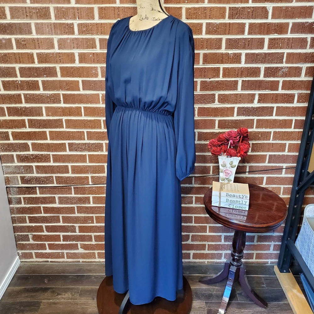 Modern Citizen Navy Blue Gathered Waist Long Balloon Sleeve Maxi Dress Large